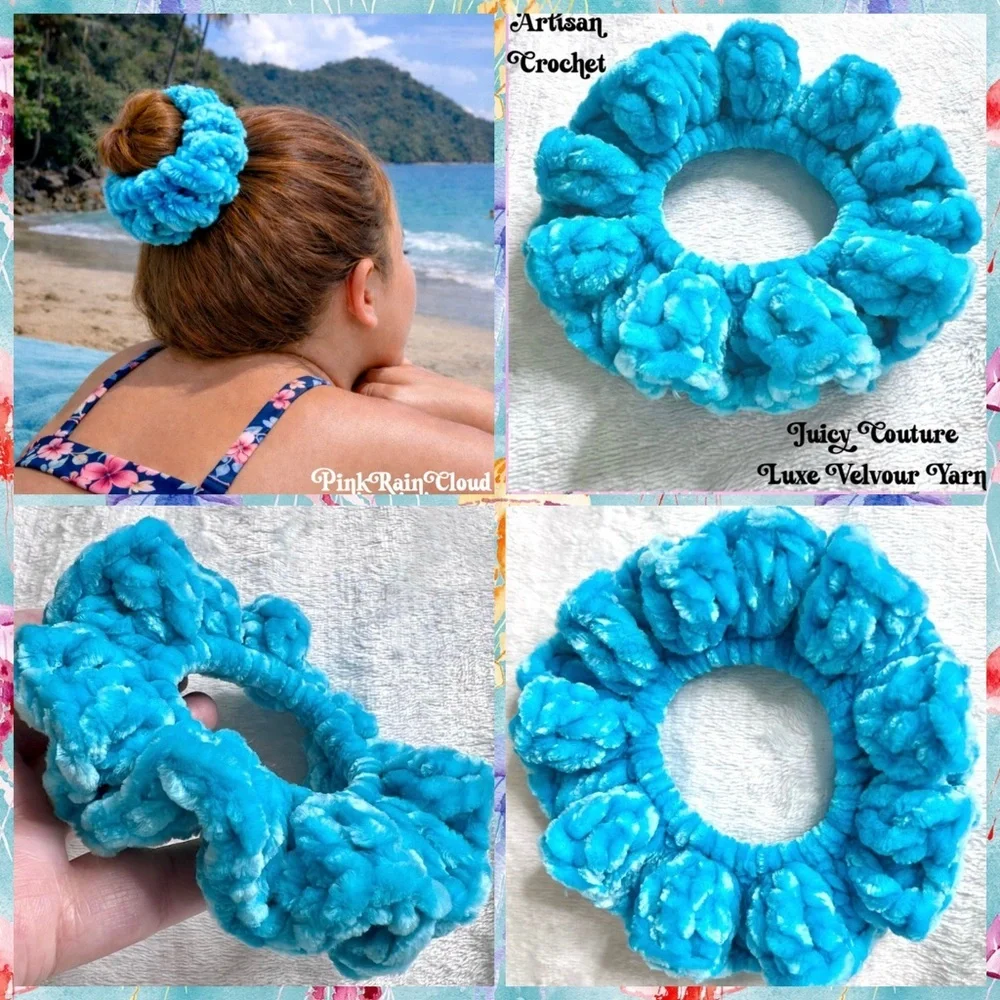 Handmade Crochet VELVET Ice Blue Large Hair Scrunchie Ice Princess PinkRainCloud